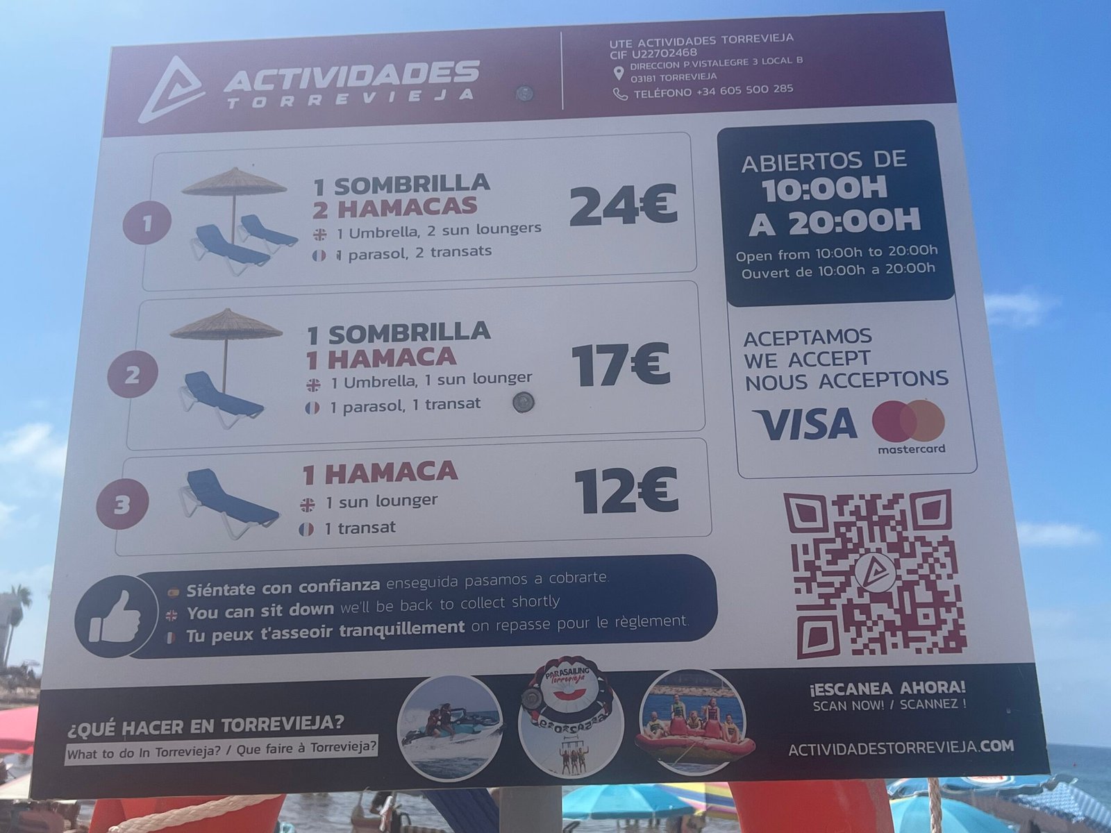 Torrevieja Beaches: Playa del Cura & Playa de Los Locos – Our Experience Torrevieja beach sunbed and parasol rental price board