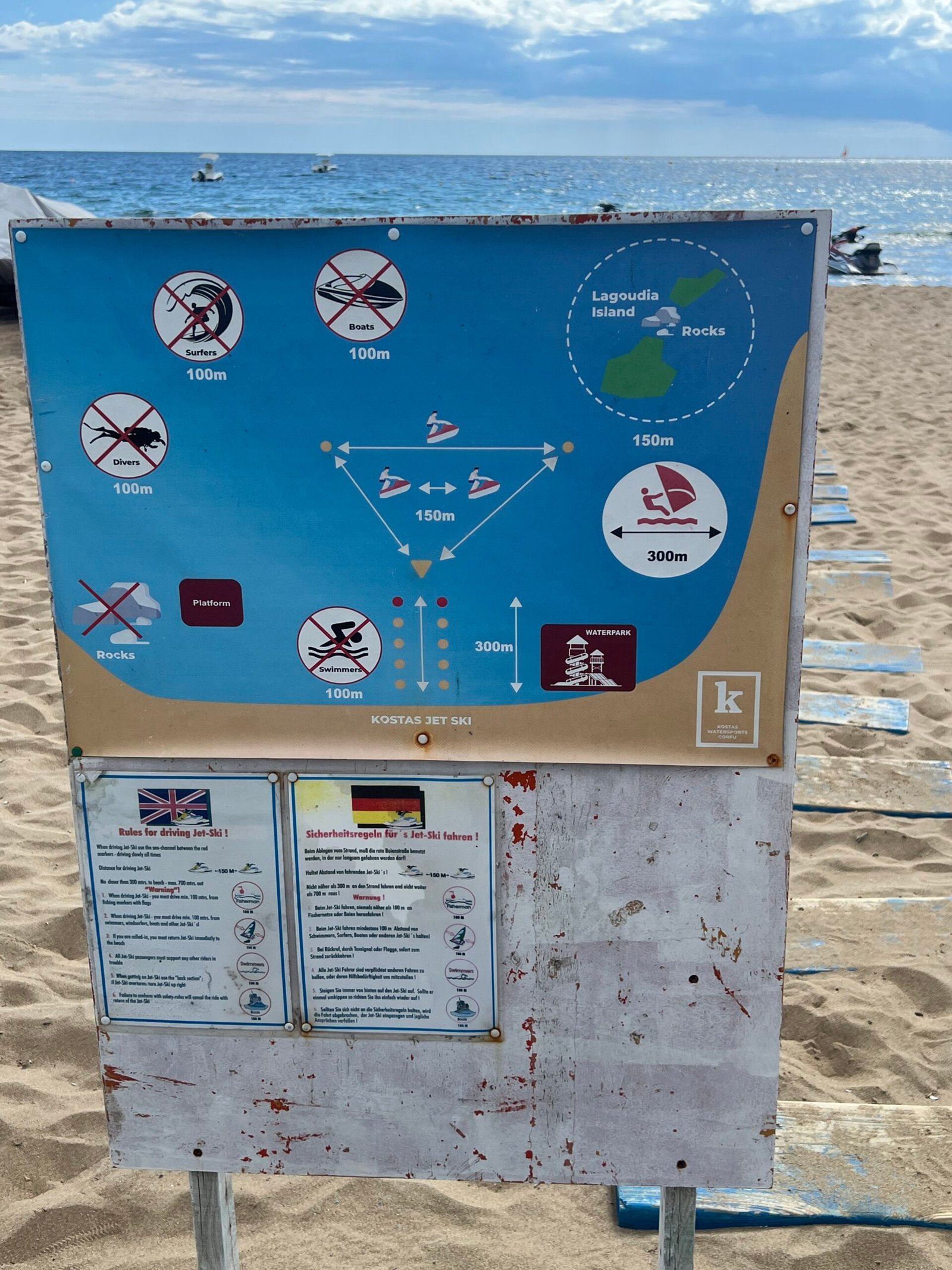 Water sports information sign on Issos Beach