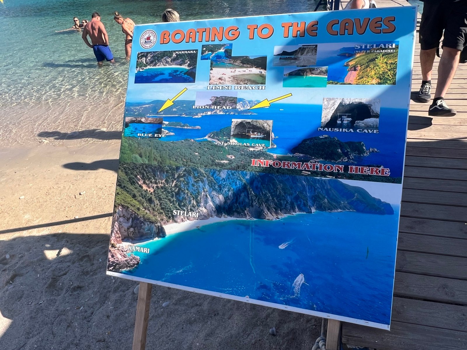 Boating to the Caves route board showing Blue Eye, St. Nikolas and Nausika caves